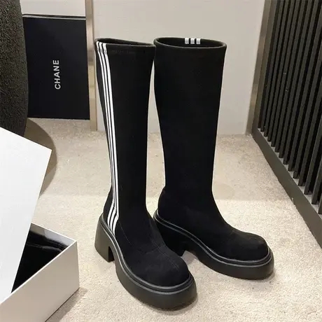 永希高筒骑士靴女2023年新款春秋季黑色厚底显腿长长筒不过膝长靴商品大图