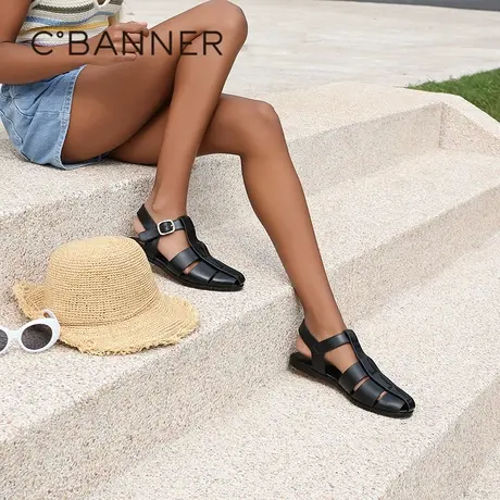 千百度编织罗马凉鞋女款新款真皮平底休闲配裙子舒适凉鞋气质百搭图片