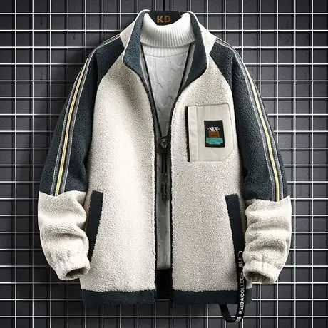 颗粒绒外套男士春秋季2023新款潮牌加厚冬装休闲夹克羊羔绒棉衣服商品大图