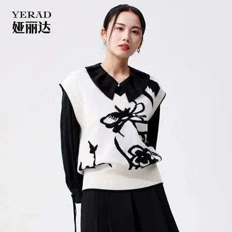 【商场同款】娅丽达设计感白色v领针织马甲女秋新款背心无袖上衣商品大图