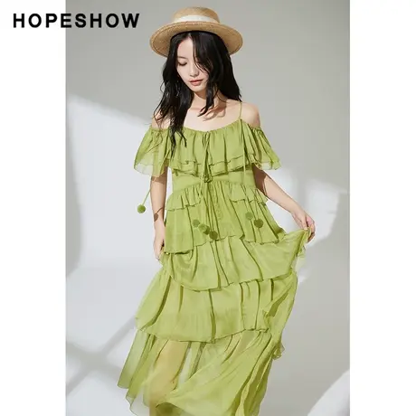 红袖outlets小众设计感千层裙hopeshow2023夏毛球抽绳吊带连衣裙图片