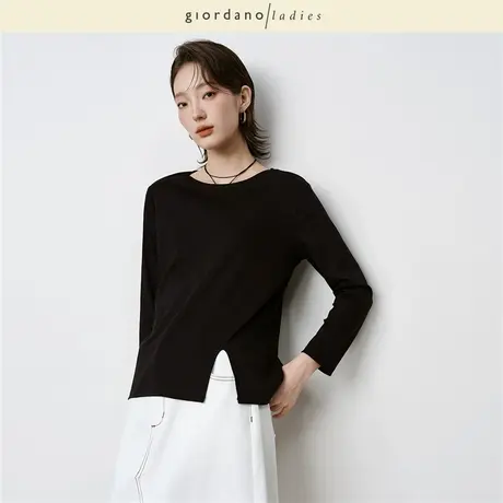 GL2025秋冬新款长袖T恤女极简风纯棉侧开叉下摆圆领上衣02325511商品大图