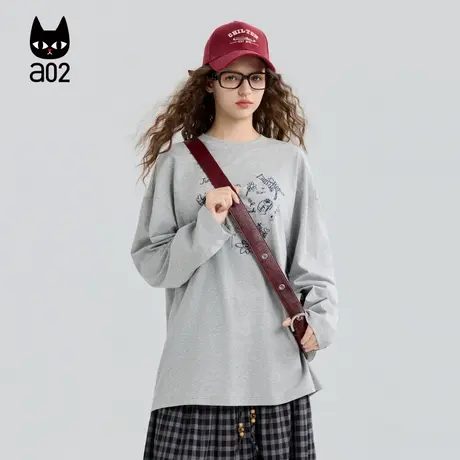 a02宽松灰色慵懒风长袖T恤女2025新款秋季设计感早秋上衣打底衫商品大图