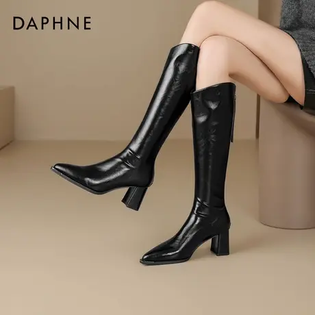 达芙妮长筒靴女高跟靴2026新款冬季粗跟尖头高筒靴黑色长靴骑士靴商品大图