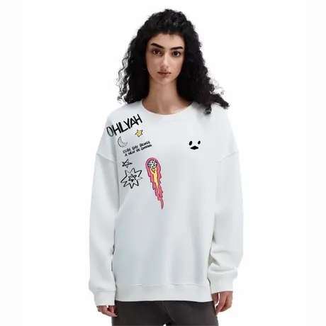 Ohlyah品牌趣味卡通印花情侣圆领卫衣男女款白色纯棉落肩oversize图片