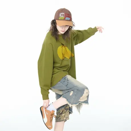YEP美式复古香蕉印花圆领卫衣女宽松休闲ins街头风情侣款套头上衣商品大图