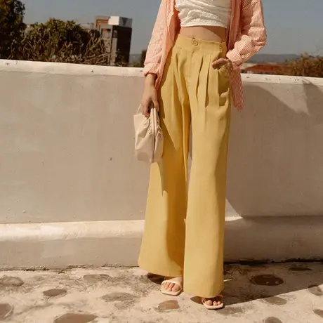 桔熊夏季通勤时髦纯色高腰打折落地宽松阔腿长裤子女大码BA7060商品大图