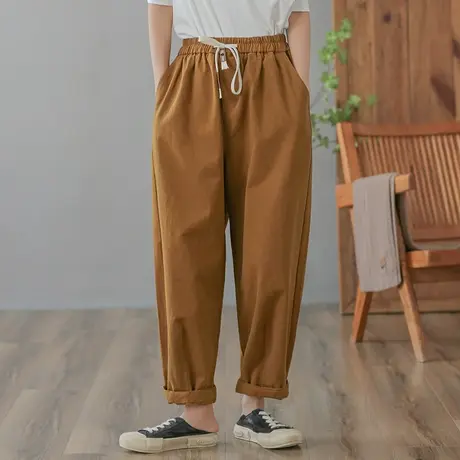 dza 高腰显瘦纯棉长裤春秋宽松阔腿裤抽绳休闲裤子女士复古直筒裤商品大图