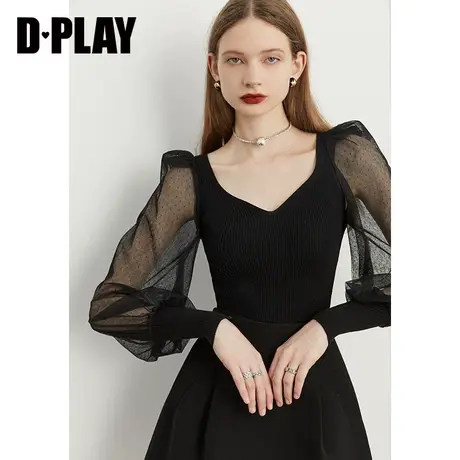 DPLAY春季新法式V型领双层网纱泡泡袖黑色针织小衫商品大图