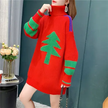 圣诞树红色高领毛衣女秋冬2021新款韩版宽松中长款复古打底针织衫商品大图