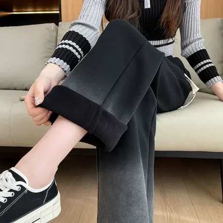 渐变色加绒阔腿裤女冬季新款加厚设计感休闲宽松显瘦直筒拖地裤子商品大图