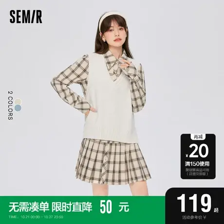 森马连衣裙女V领背心复古风格纹裙2022冬季新款套装裙文艺两件套商品大图