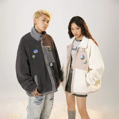 美式复古拼接棉服女冬季加厚外套2023新款情侣装宽松oversize棉衣商品大图