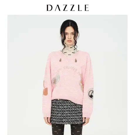 【七七酱专享】DAZZLE地素 奥莱甜酷刺绣钉珠提花针织衫毛衣女2D4商品大图
