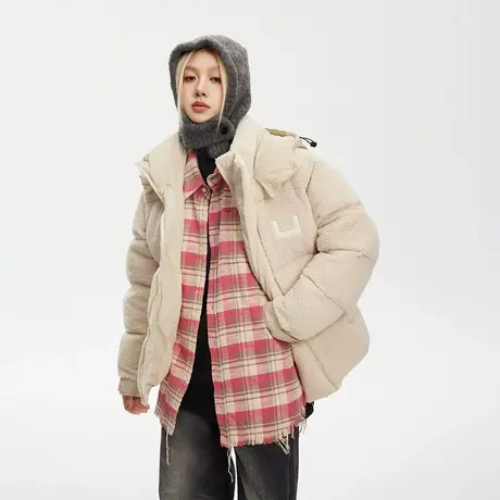 冬季羊羔毛拼接连帽棉服女加厚外套2023年新款复古宽松面包服棉衣图片