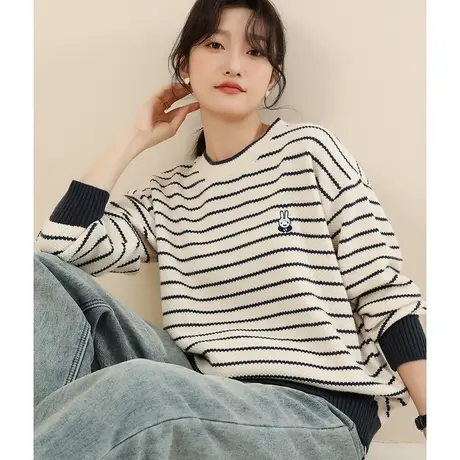 新品8.5折】宽松圆领条纹套头毛衣女休闲加厚打底衫上衣商品大图
