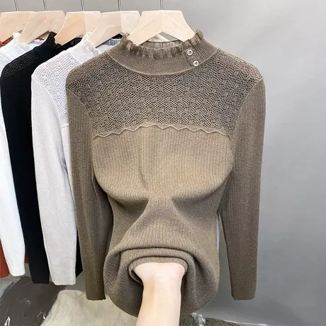 半高领毛衣女蕾丝打底衫2023秋冬新款套头外穿针织衫修身内搭上衣商品大图