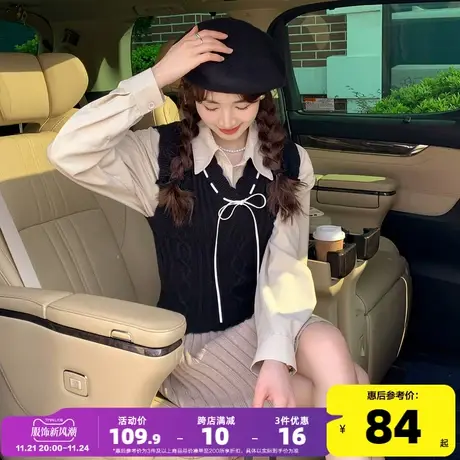 唐狮新款蝴蝶结毛衣女2023早秋系带设计套头马甲韩系叠穿背心po图片