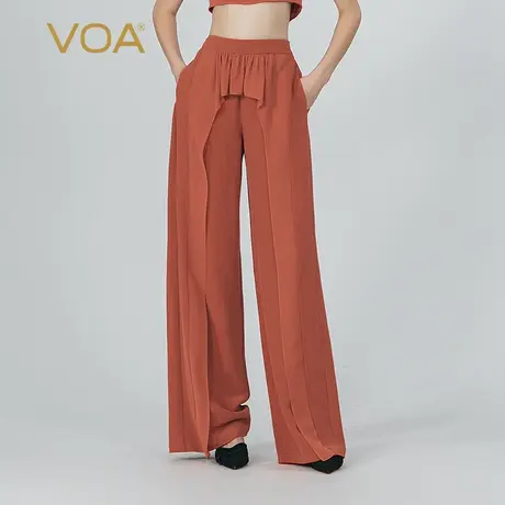 VOA宫墙红40姆米鬼纡重磅桑蚕丝松紧腰侧口袋百搭真丝阔腿长裤商品大图