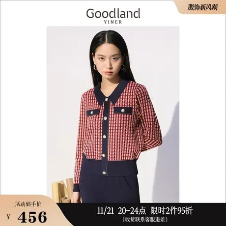 【小香风】Goodland美地女装秋季小众法式上衣长袖格子针织衫商品大图