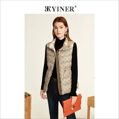 *YINER音儿奥莱女装冬季轻薄印花无袖立领马夹羽绒服商品大图