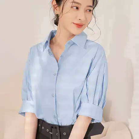 桔熊秋季通勤纯色舒适棉质压褶泡泡袖衬衫宽松上衣女大码AB17643图片