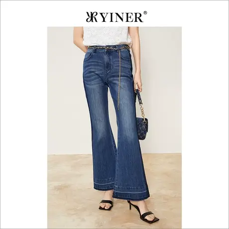 YINER音儿女装2021秋季新款亮丝抓纹磨白微喇牛仔裤商品大图