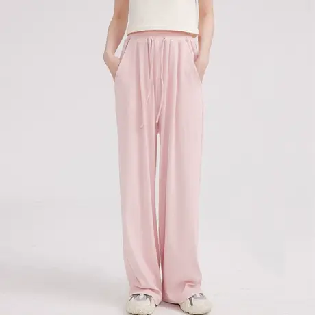 尔给粉色美式运动高腰阔腿裤女夏2023新款小个子薄款休闲垂感裤子商品大图