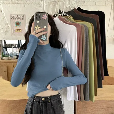 2023年春秋冬季新款内搭半高领洋气黑色白色打底衫长袖t恤女上衣图片