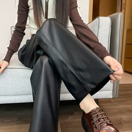 咖色高级感阔腿西装裤女2023秋冬季加薄绒PU皮垂感显瘦休闲阔腿裤商品大图