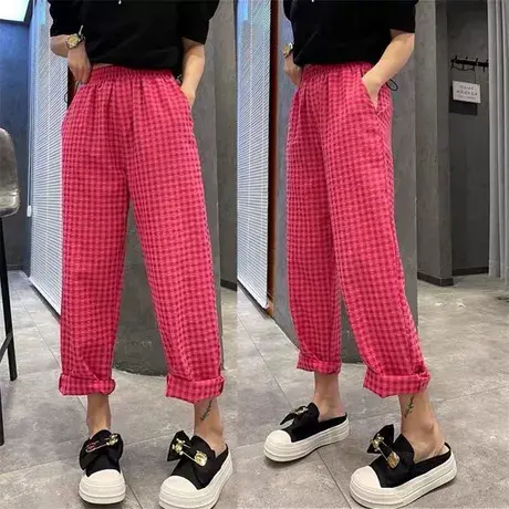 欧洲站树莓色格子休闲裤女2022夏季网红宽松薄款直筒裤阔腿九分裤商品大图