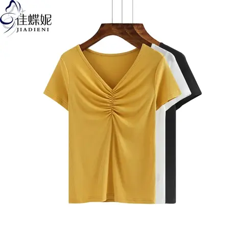 夏季新款纯白修身V领短袖上衣显瘦打底衫韩版纯色女装内搭T恤商品大图