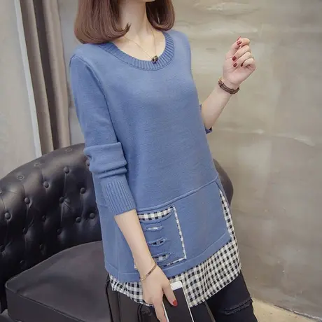 森系针织衫女装新款春秋装假两件套头长袖圆领毛衣韩版宽松外穿图片