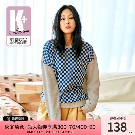 韩都衣舍毛衣女秋冬新款女装棋盘格上衣宽松复古套头毛针织衫商品大图