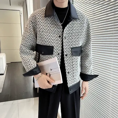 高端拼皮夹克男秋冬新款ins机车休闲轻熟风加厚保暖冬装条纹外套商品大图