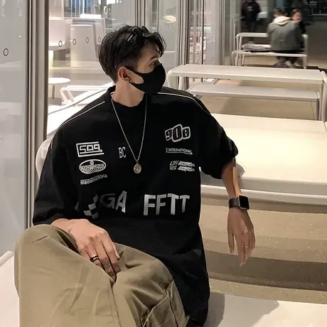 机车服短袖T恤男潮流半袖夏季打底衫宽松体恤痞帅美式潮牌上衣服商品大图