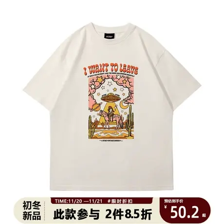 INS风美式重磅短袖情侣t恤衫夏季复古牛仔女郎系列宽松大码半截袖商品大图