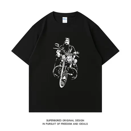 国潮印花关公骑哈雷短袖t恤男夏季纯棉男士宽松休闲半袖体恤衫商品大图