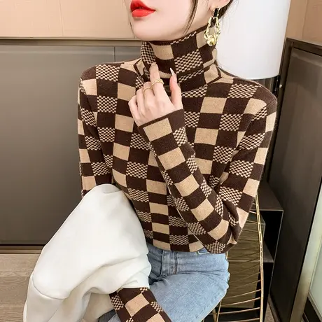 格子高领毛衣女打底衫时髦时尚洋气2023年新款春装爆款内搭上衣女商品大图