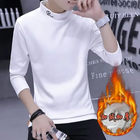 新款加绒加厚长袖t恤男半高领保暖体恤衫毛衣男秋衣上衣服卫衣男商品大图