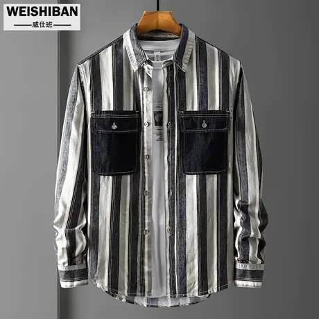 新款个性条纹宽松百搭牛仔衬衣男秋季休闲外穿型衬衫贴袋拼接外套商品大图
