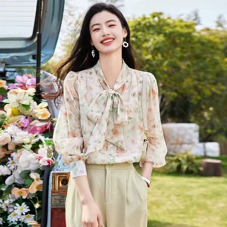 时尚气质碎花长袖雪纺衫2023年春季新款减龄百搭显瘦上衣商品大图