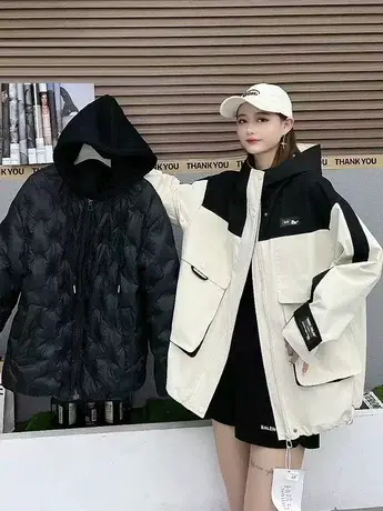 2023冬季新款拼色连帽羽绒服女可拆卸白鸭绒保暖时尚宽松潮流外套图片