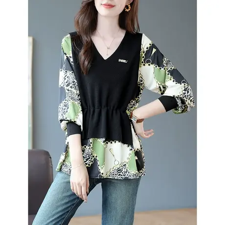 宝诗黎V领针织拼接印花雪纺衫系带收腰衬衣2024春季新款长袖上衣商品大图