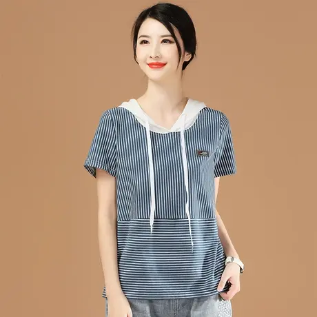 连帽条纹宽松短袖T恤女装2024新款潮夏装小众打底衫体恤内搭上衣商品大图