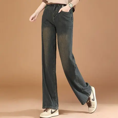 韩潮袭人水泥灰直筒牛仔裤女2024春季新款复古港风显瘦垂感阔腿裤图片