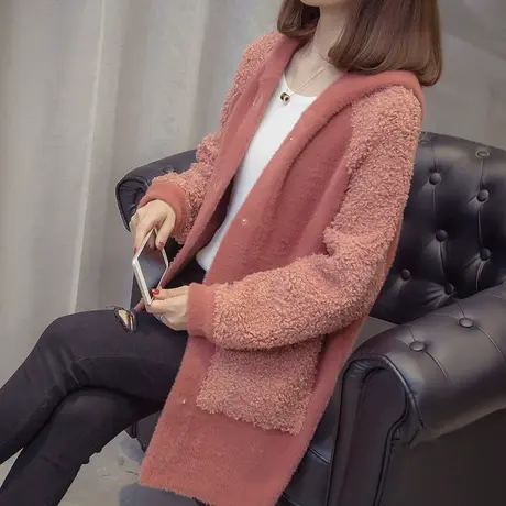 羊羔毛外套女春季季中长款毛衣宽松仿水貂绒连帽大衣ins潮慵懒风商品大图