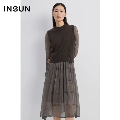 INSUN恩裳秋季拼接异色格纹连衣裙图片
