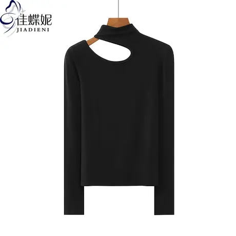 春秋款半高领露肩纯欲性感纯棉纯色修身长袖体恤上衣内搭女打底衫商品大图