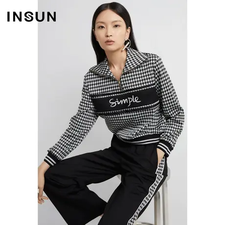 INSUN恩裳奥莱2023春季休闲千鸟格卫衣撞色字母拉链图片